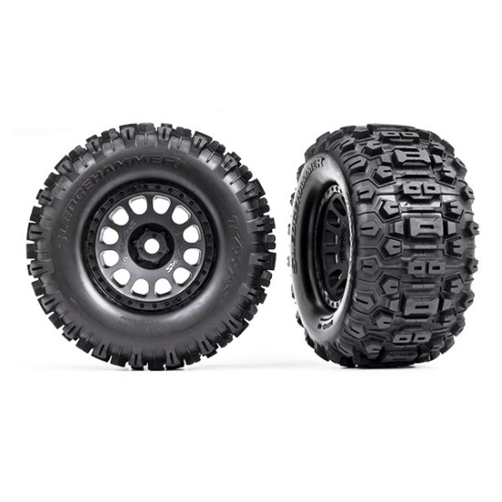 Tires & wheels, assembled, glued (XRT Race black wheels, Sledgehammer tires, foam inserts) (left & right) 2pcs